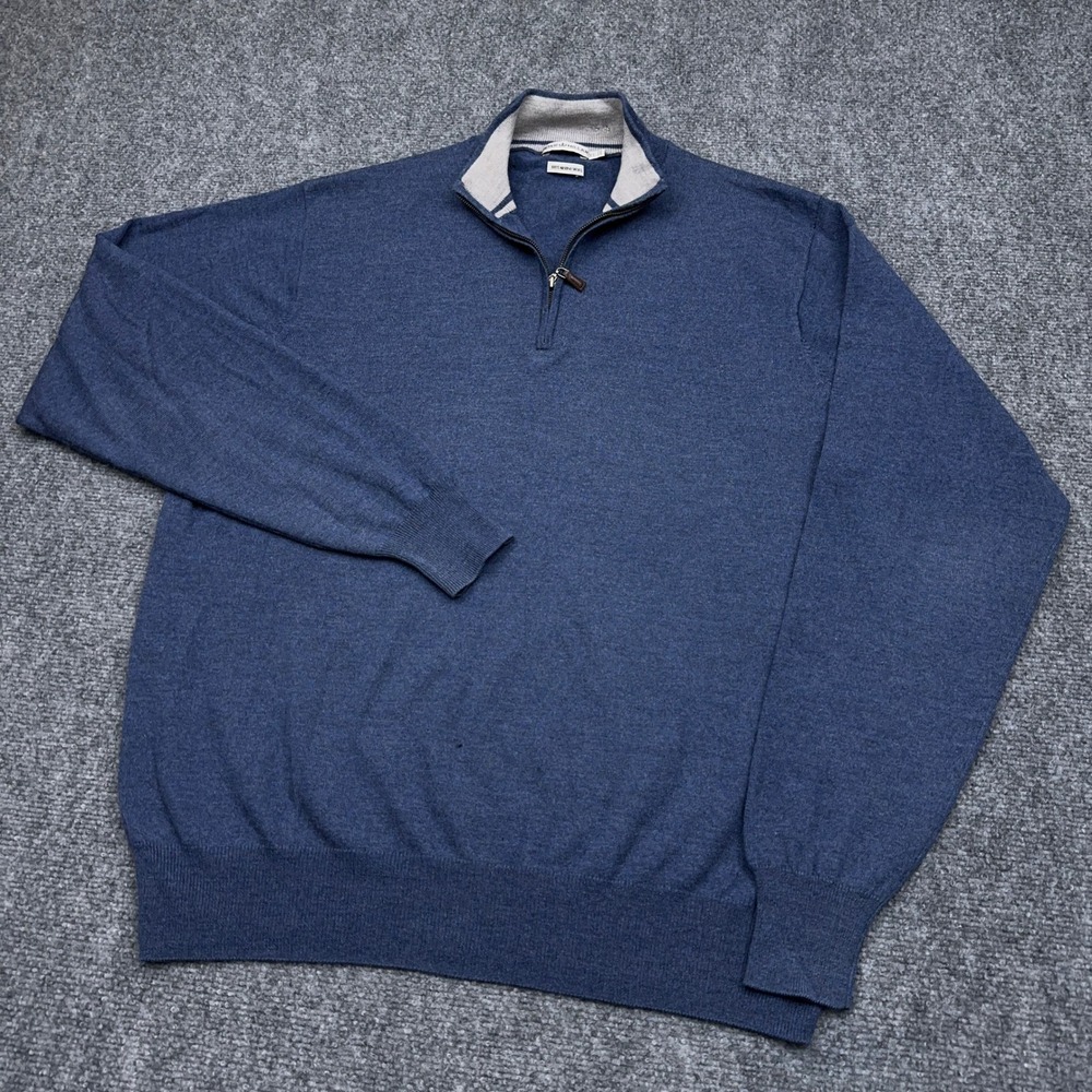 Peter Millar 1/4 Zip Sweater Men XL Blue 100% Extrafine Italian Merino Wool Golf